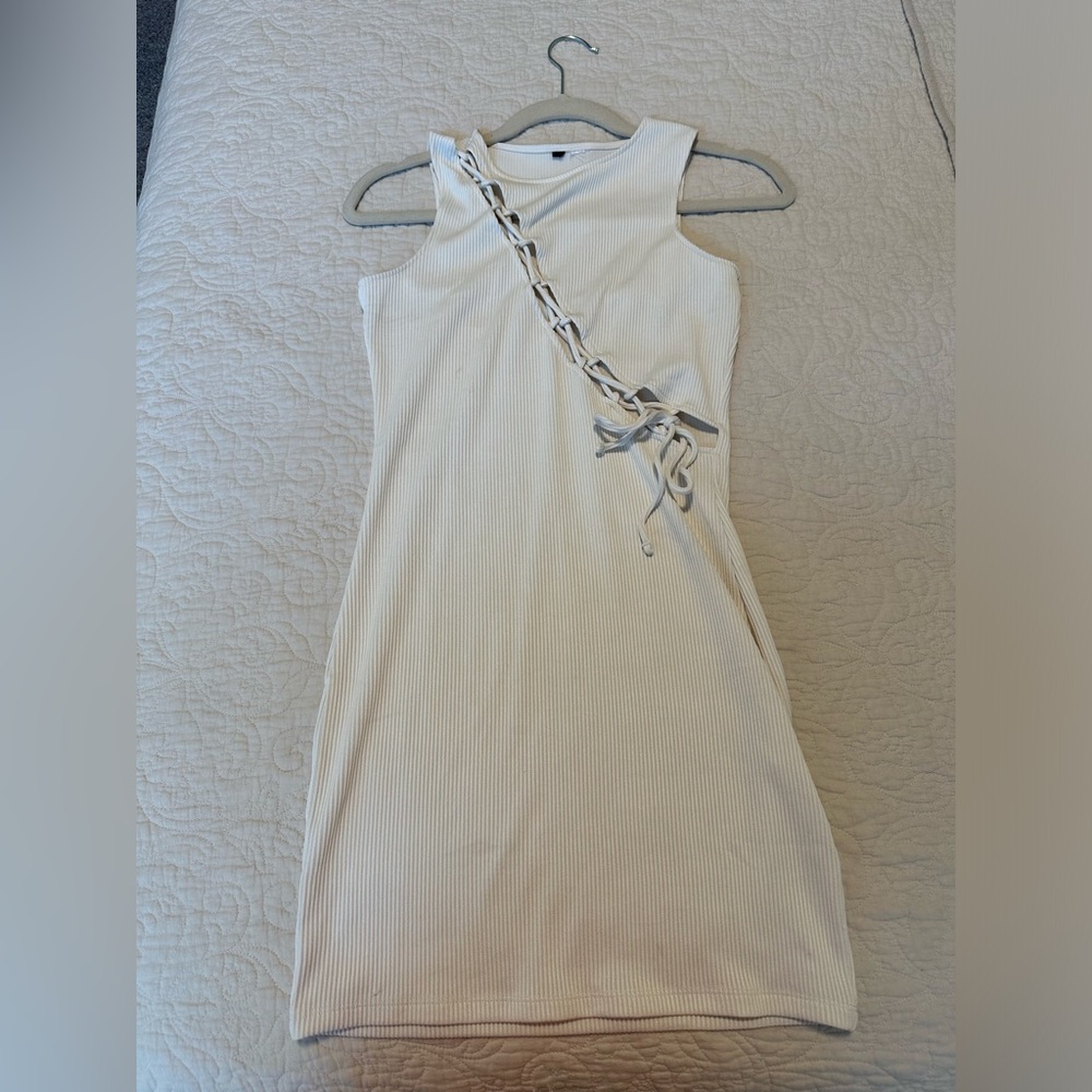 Cream tank body con dress with ties
